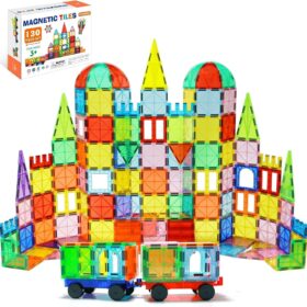 EchoPlan 130-Piece Magnetic Tiles Building Set – STEM Educational Construction Toys with 2 Cars, Safe ABS Plastic for Toddlers & Kids Ages 3+
