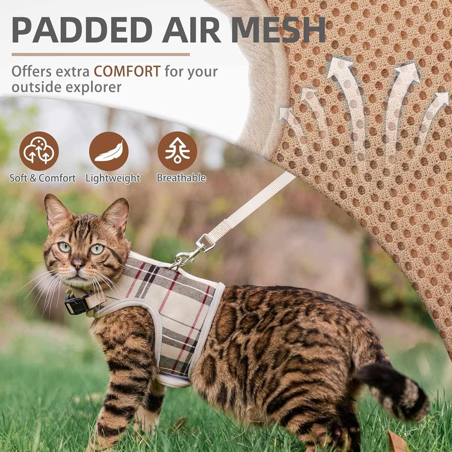 PUPTECK Escape Proof Cat Harness and Leash Set - Soft Mesh Vest for Cats, Small Dogs & Puppies - Plaid Beige, Large