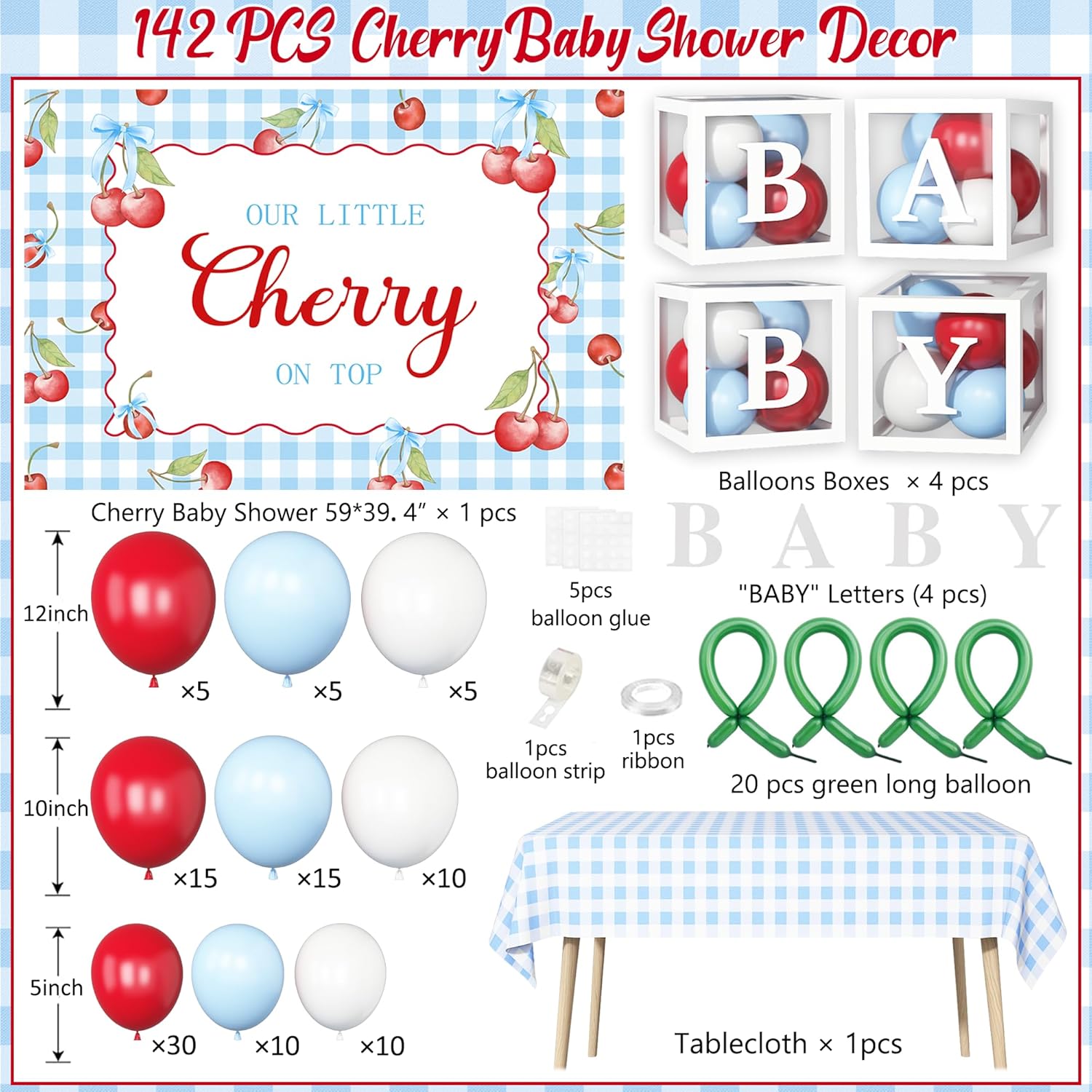 142-Piece Cherry Baby Shower Decorations Kit - 'Little Cherry On Top' Party Set with Balloon Boxes, Garland Arch & Backdrop for Boys or Girls