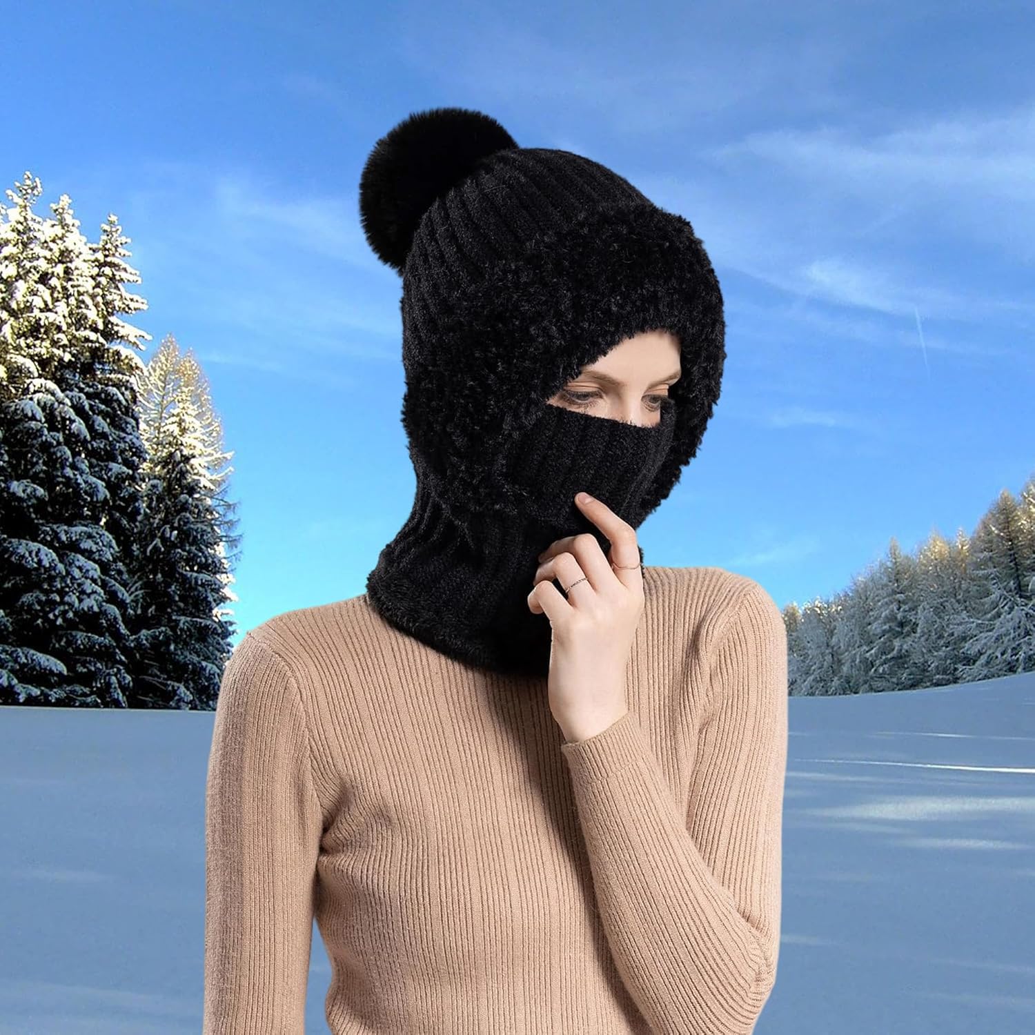HUAMULAN Women's Winter Fleece Lined Knit Beanie & Balaclava Set - Warm Pom Pom Skull Cap with Neck Warmer for Skiing, Snowboarding & Cold Weather