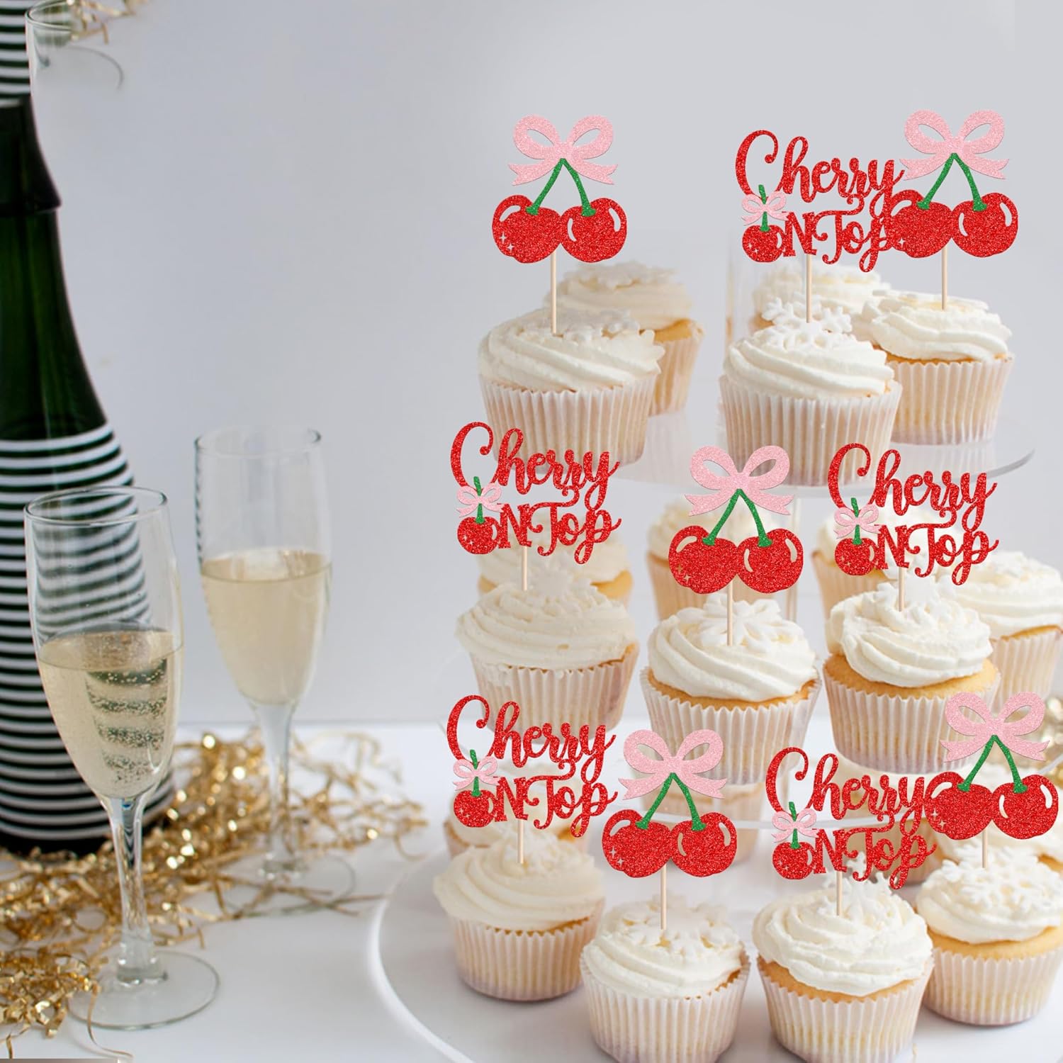 She's the Cherry On Top Cupcake Toppers – 24 PCS Glitter Fruit Picks for Baby Shower, Bridal Party & Birthday Cake Decorations