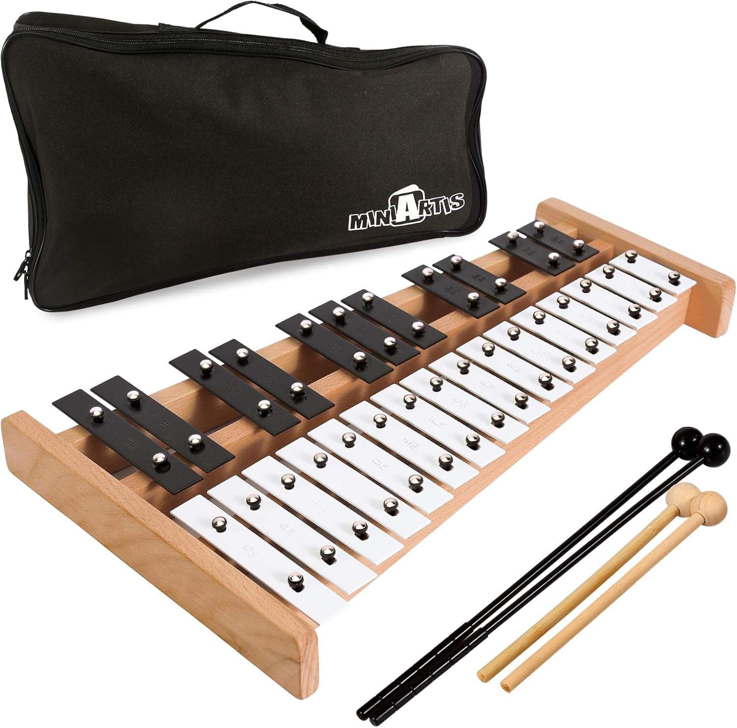 MINIARTIS 27-Note Glockenspiel Xylophone – Professional Percussion Instrument with 2 Octaves, Color-Coded Metal Keys, Wooden Beaters, and Portable Carrying Case for Kids, Students, & Adults