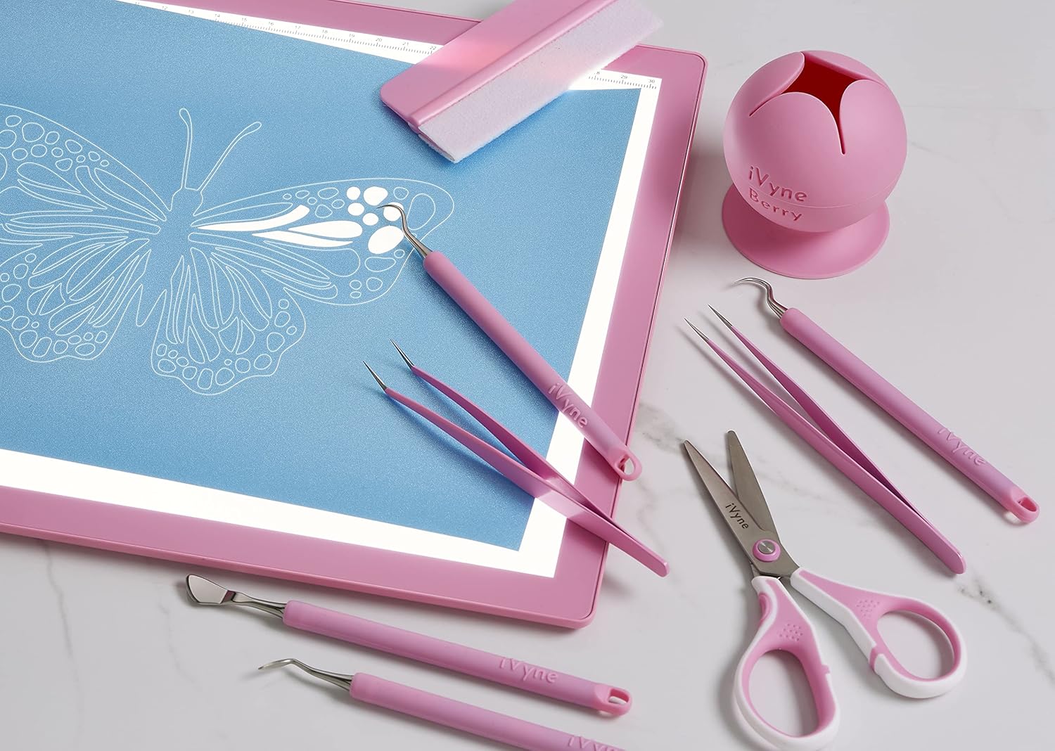 iVyne All-in-One Vinyl Weeding Kit: Rechargeable A4 Light Pad, Essential Craft Tools, and Patented Scrap Collector for Cricut, Silhouette & DIY Projects - Pink