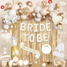 Champagne Gold Bridal Shower Decorations - 100+ Pcs Bride to Be Party Supplies Kit with Veil, Tiara, Sash, Foil Balloons & Photo Props for Engagement, Bachelorette & Wedding