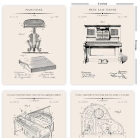 Piano Patent Prints - Set of 4 Vintage Piano Blueprint Posters - 8x10 UNFRAMED Music Room Decor, Pianist Gift & Instrument Wall Art