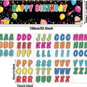 Tatuo Personalized Happy Birthday Banner - Black DIY Custom Name Backdrop with Alphabet Stickers, 72.8 x 17.7 Inch Polyester Fabric Party Decoration for Indoor & Outdoor Events