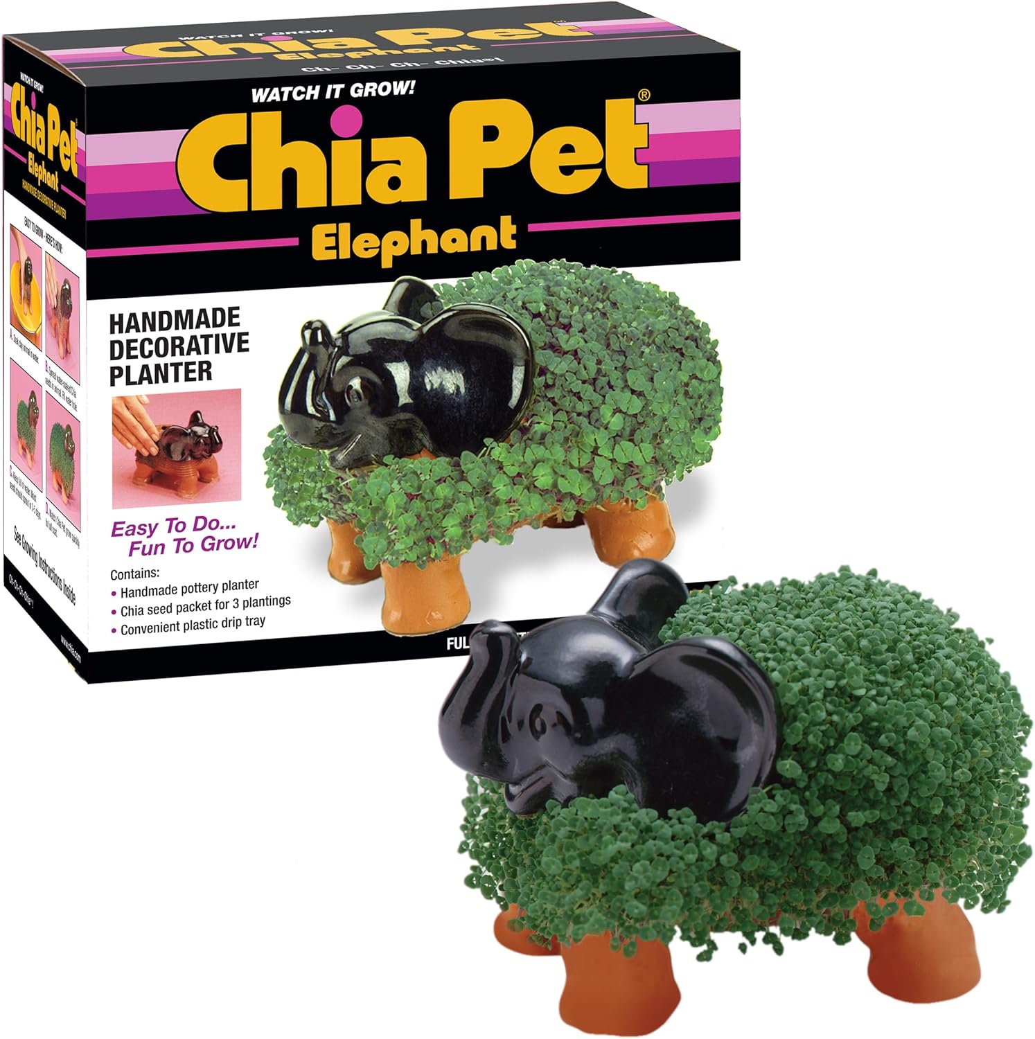 Chia Pet Elephant with Seed Pack - Handmade Pottery Planter, Easy to Grow DIY Kit, Novelty Home Decor & Gift