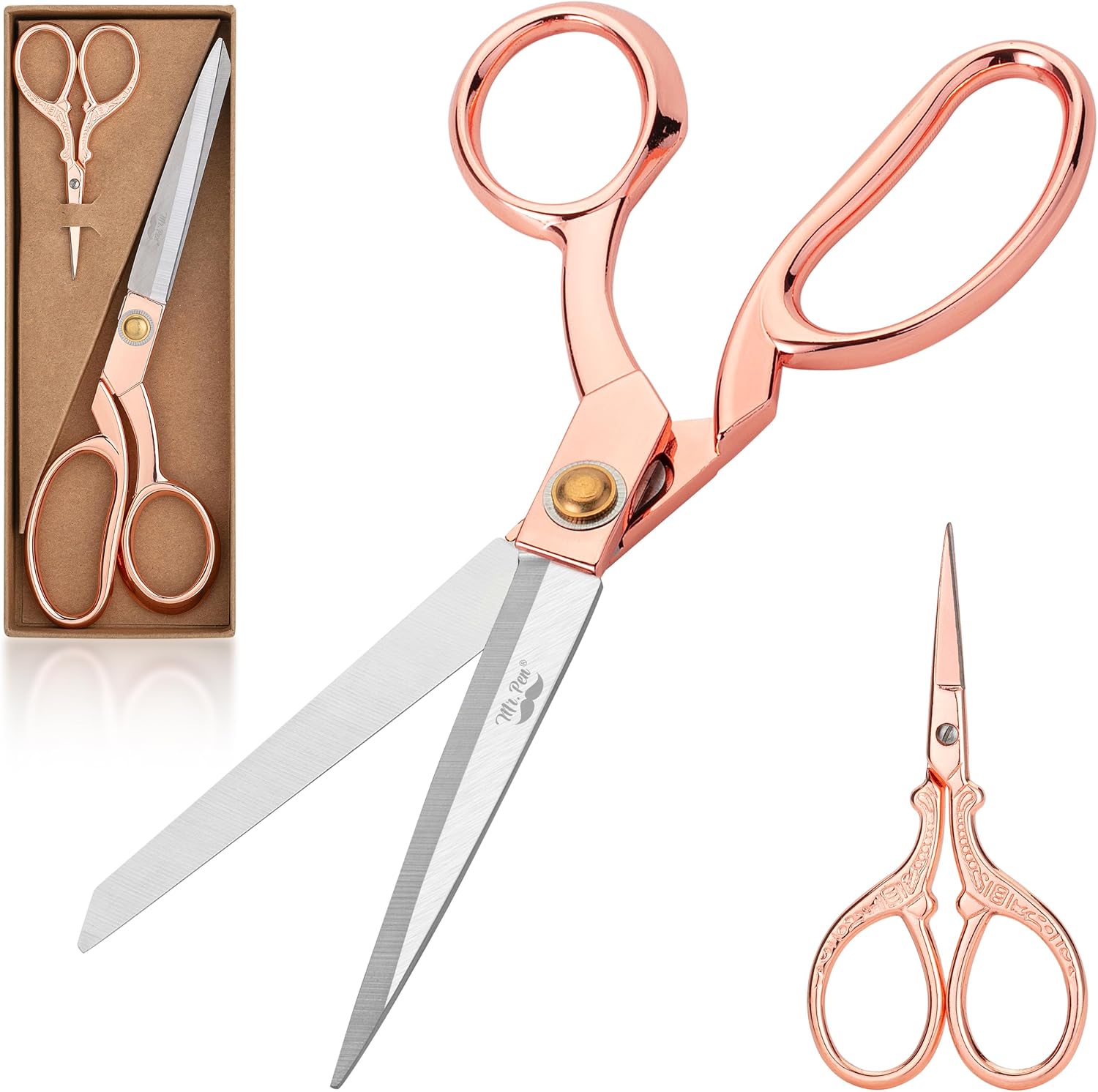 Mr. Pen Rose Gold Fabric & Embroidery Scissors Set – Heavy Duty 8.5 inch Tailor Shears & 3.5 inch Detail Snips – Stainless Steel Sewing & Craft Cutting Tools for Quilting, Dressmaking, and Embroidery