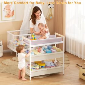 Baby Changing Table with Safety Bumpers and Large Storage Bin – Adjustable Dividers, Easy-Clean Waterproof Top, Sturdy Metal Frame Nursery Dresser (White)