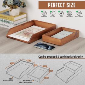 Demigo Acacia Wood Desk Organizer – 2-Tier Stackable Letter Tray Set with Accessory Holder for Home Office Storage