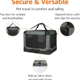 Amazon Basics Soft-Sided Folding Travel Crate & Kennel - 4-Door Portable Carrier for Dogs, Cats & Small Animals - Grey, Medium (30 Inch)