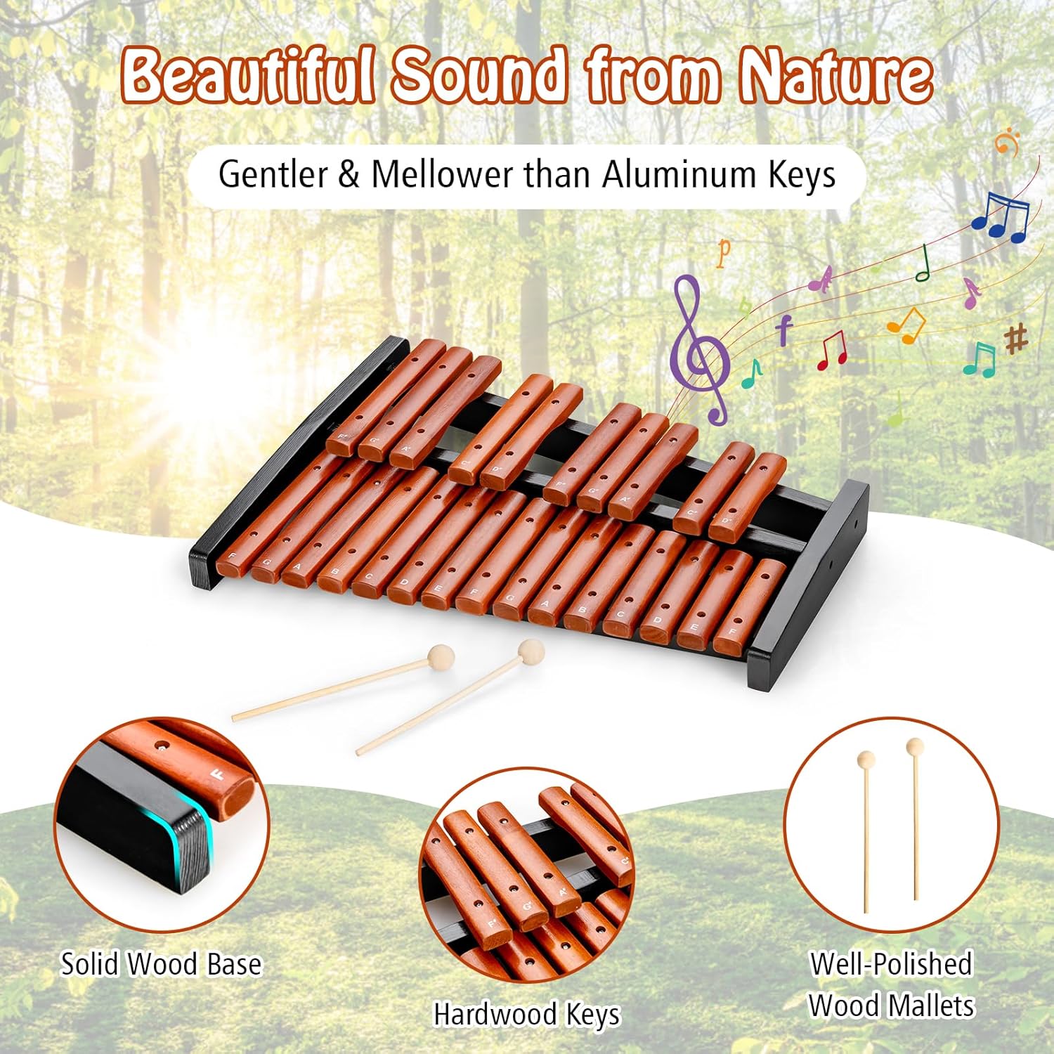 Costzon 25-Note Wood Xylophone - Portable Percussion Instrument with Mallets, Carrying Bag & Musical Chart for Beginners, Students & Band Practice