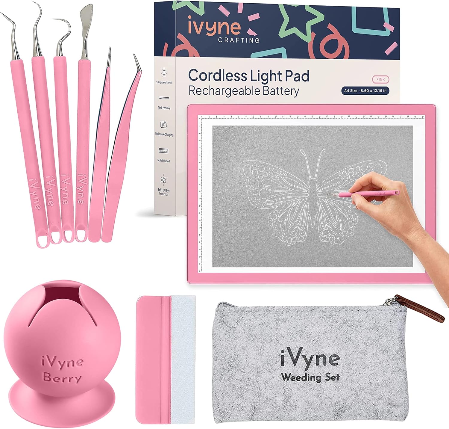 iVyne All-in-One Vinyl Weeding Kit: Rechargeable A4 Light Pad, Essential Craft Tools, and Patented Scrap Collector for Cricut, Silhouette & DIY Projects - Pink
