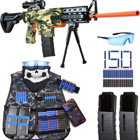 Electric Sniper Rifle Foam Blaster Kit with Tactical Vest & Rechargeable Battery – 150 Darts, Scope, Bipod, & 3-Burst Modes for Outdoor Play