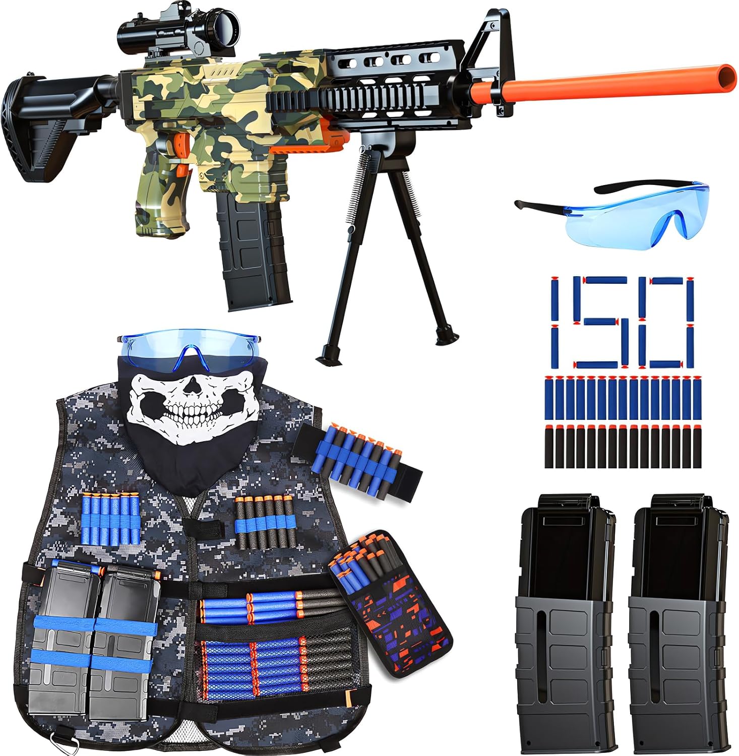 Electric Sniper Rifle Foam Blaster Kit with Tactical Vest & Rechargeable Battery – 150 Darts, Scope, Bipod, & 3-Burst Modes for Outdoor Play