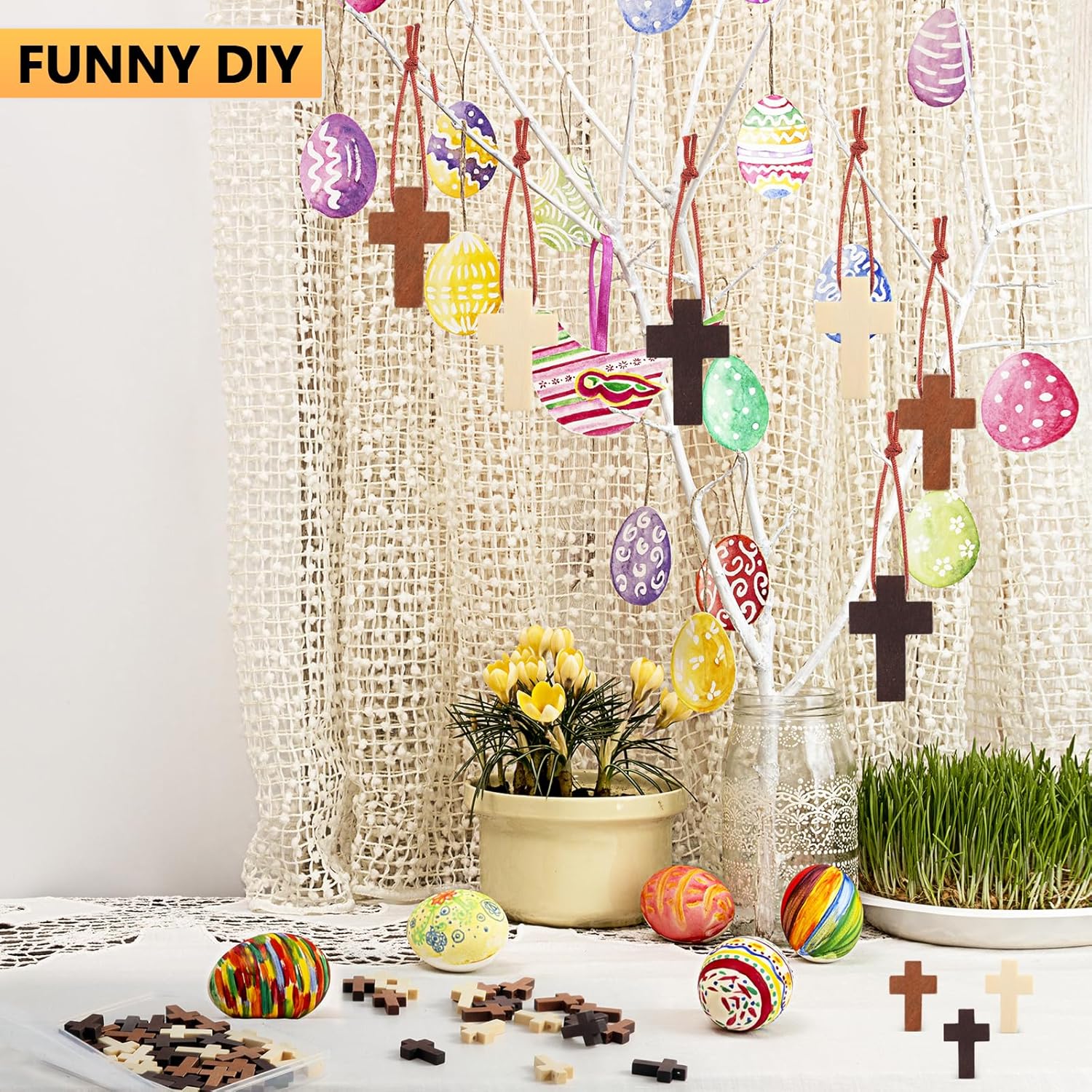 Small Wooden Crosses Bulk Pack – Natural Unfinished Mini Cross Charms for DIY Crafts, Easter Egg Fillers, VBS & Christian Gifts (3 Colors)