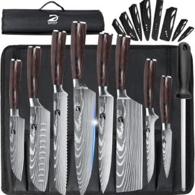 Dfito Professional 9-Piece Chef Knife Set with Roll Bag – High Carbon Stainless Steel Kitchen Cutlery with Red Pakkawood Handles & Protective Case – Ideal Gift for Home & Professional Chefs