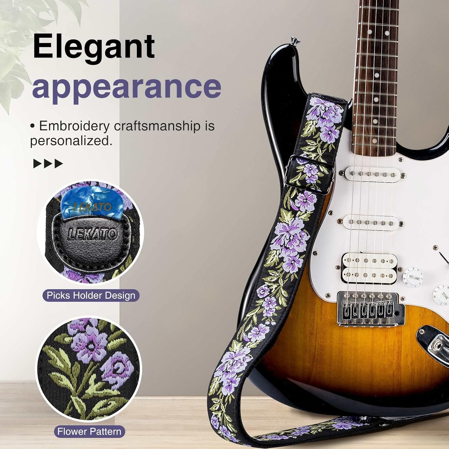 LEKATO Flower Guitar Strap for Bass & Electric - 2 Inch Vintage Woven Cotton Strap with Leather Ends, Pick Holder & Strap Locks Included
