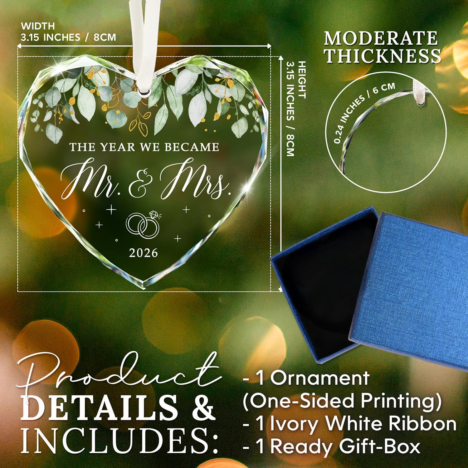 HEXMOZ Mr & Mrs 2026 Wedding Ornament - Heart Shaped Glass Christmas Decoration for Newlyweds, Couple Keepsake Gift, Bridal Shower Present with Elegant Gift Box