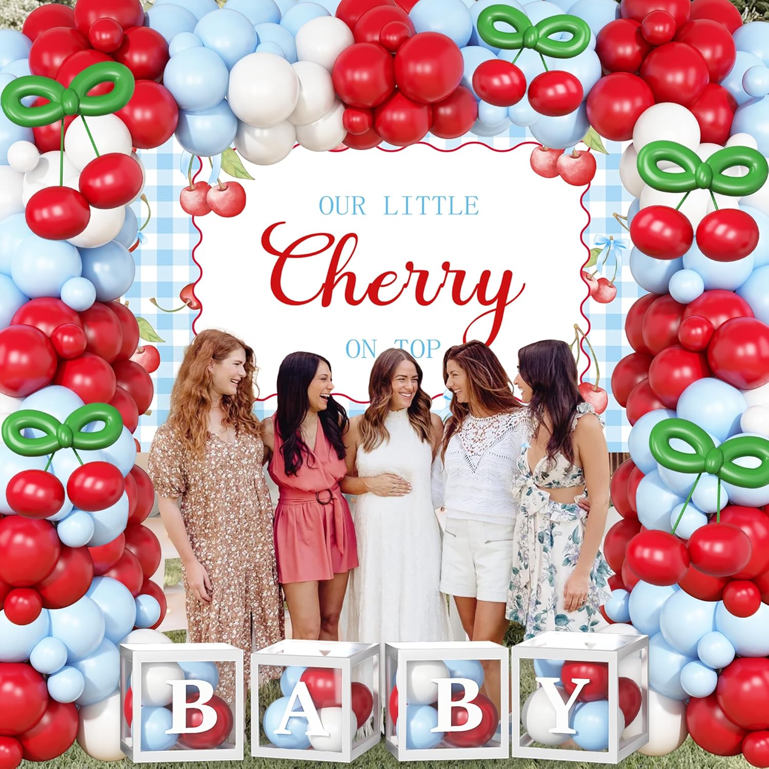 142-Piece Cherry Baby Shower Decorations Kit - 'Little Cherry On Top' Party Set with Balloon Boxes, Garland Arch & Backdrop for Boys or Girls