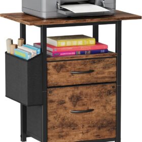 GYIIYUO Mobile File Cabinet with 24'' Wide Printer Stand – 2-Drawer Rolling Storage Cart with Side Bag & Fabric Drawers – Vertical Filing Cabinet for Home Office (Light Brown)
