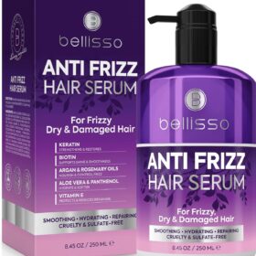 Bellisso Anti-Frizz Hair Serum with Keratin & Biotin – 8.45 Fl Oz Humidity Resistant Smoothing Treatment for Damaged & Flyaway Hair