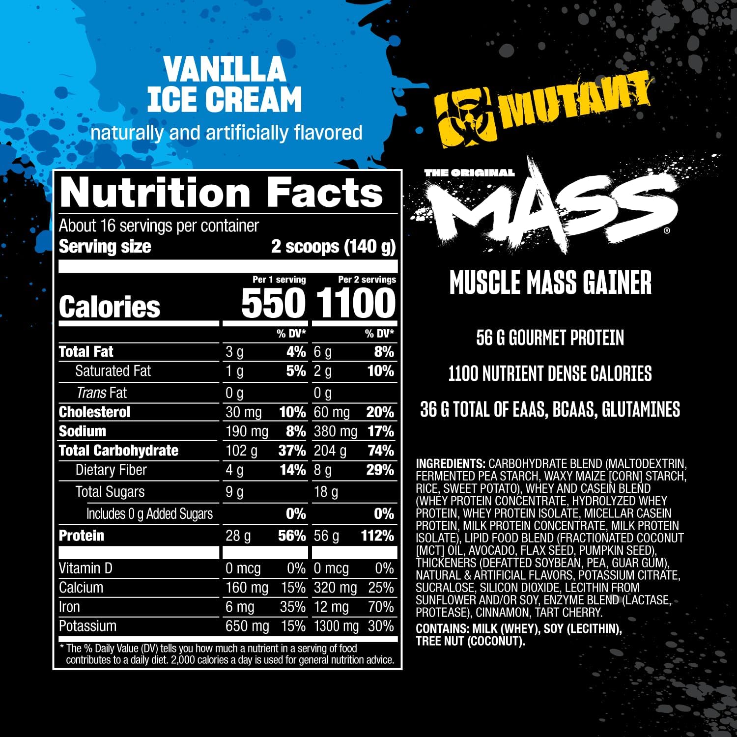 Mutant Mass Weight Gainer Protein Powder | 1100 Calories, 56g Protein & BCAAs for Muscle Building | Vanilla Ice Cream | 5lb Bulk Powder