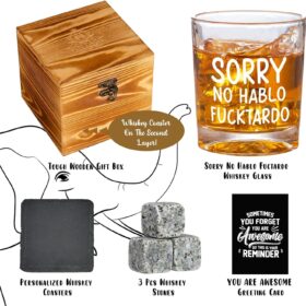 Ithmahco 'Sorry No Hablo Fuctardo' Whiskey Glass Set with Stones & Wooden Gift Box – Funny Gag Gift & White Elephant Idea for Men
