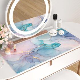 QIYI Extended PU Leather Desk Mat - 31.5 x 15.7 Inch Waterproof Gaming Mouse Pad, Blue Pink Abstract Art Office Decor & Keyboard Mat