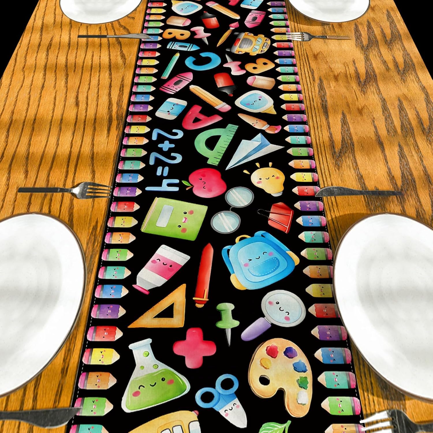 Back to School Table Runner - First Day of School Decorations, Reusable Linen Tablecloth with School Bus & Apple Design for Classroom, Home & Parties (13 x 72 Inches)