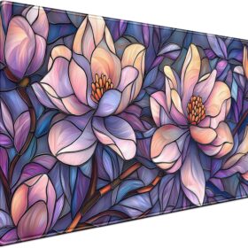 Floral XL Extended Gaming Mouse Pad - 31.5 x 15.7 Inch Faux Stained Glass Desk Mat with Purple & Pink Aesthetic Design, Non-Slip Keyboard Mat for Office & Computer