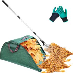 AimGrowth Adjustable Garden Leaf Rake with Leaf Collector & 15-Tine Expandable Head – Heavy Duty Collapsible Metal Yard Rake for Lawns, Shrubs, and Flower Beds