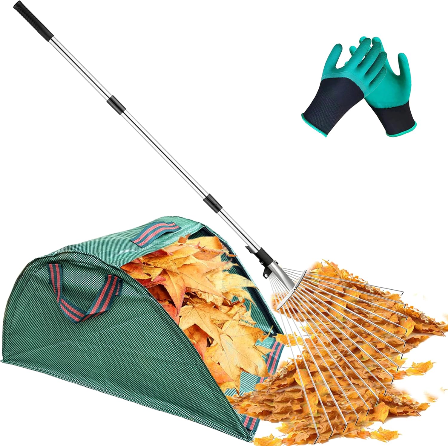 AimGrowth Adjustable Garden Leaf Rake with Leaf Collector & 15-Tine Expandable Head – Heavy Duty Collapsible Metal Yard Rake for Lawns, Shrubs, and Flower Beds