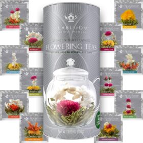 Teabloom Flowering Tea Gift Set - 12 Hand-Tied Blooming Green Tea Varieties - 36 Servings of Exquisite Jasmine & Edible Flowers - Premium Loose Leaf Tea Canister