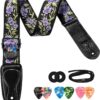 LEKATO Flower Guitar Strap for Bass & Electric - 2 Inch Vintage Woven Cotton Strap with Leather Ends, Pick Holder & Strap Locks Included