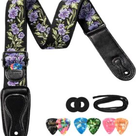 LEKATO Flower Guitar Strap for Bass & Electric - 2 Inch Vintage Woven Cotton Strap with Leather Ends, Pick Holder & Strap Locks Included