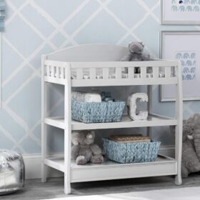 Delta Children Infant Changing Table with Waterproof Pad, Sturdy Wood Storage Station, White