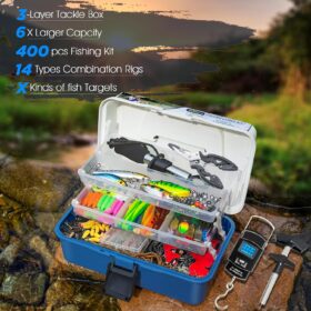 THKFISH 400Pc All-in-One Fishing Tackle Box Kit – Complete Bass Gear Set with Lures, Hooks, Weights, Pliers, and Scale