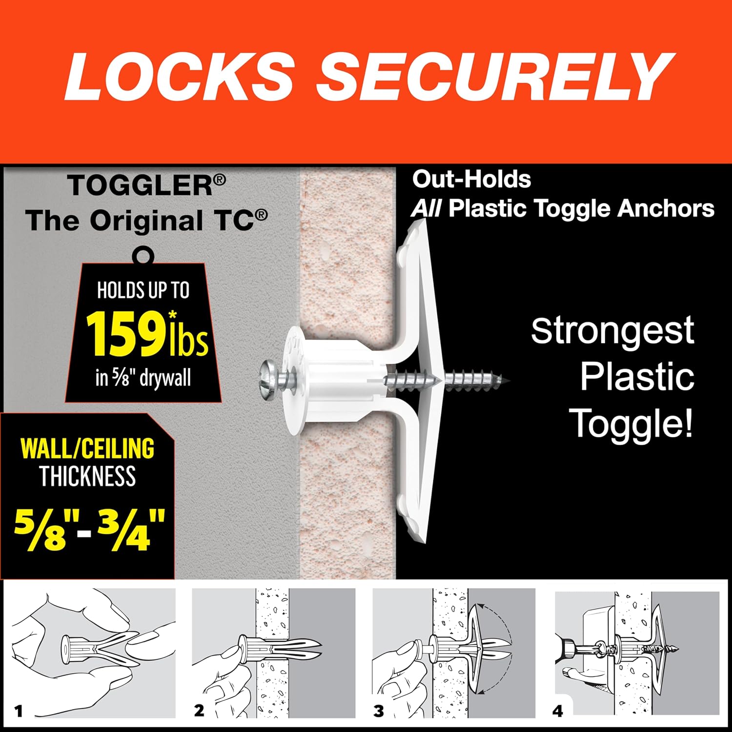 TOGGLER Toggle TC Commercial Grade Drywall Anchors with Screws (5 Pack) | Made in USA | High Strength 5/8-Inch to 3/4-Inch Grip Range for #6 to #14 Fasteners