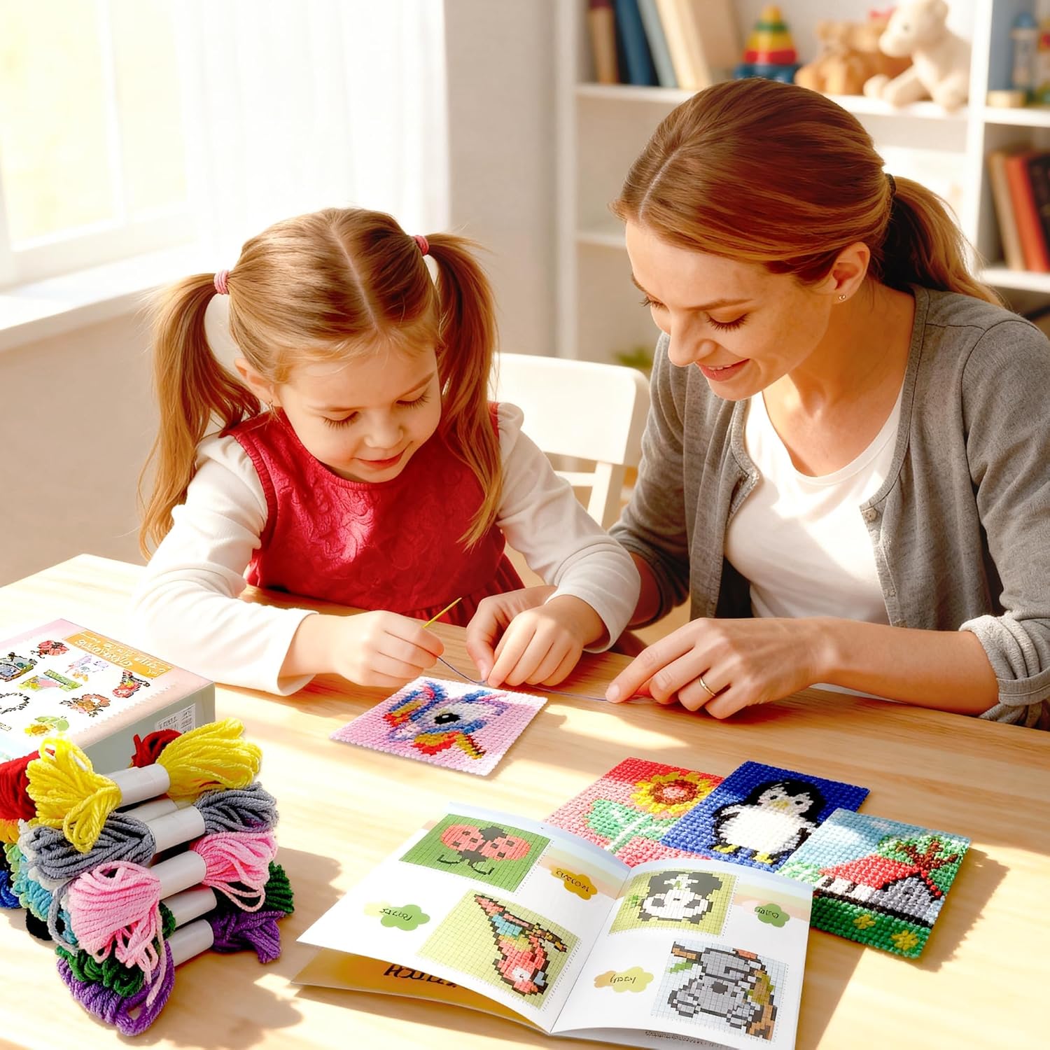 Pllieay 10-in-1 Cross Stitch Kit for Beginners & Kids – Complete DIY Plastic Needlepoint Set with 10 Patterns, Yarn & Safe Needles