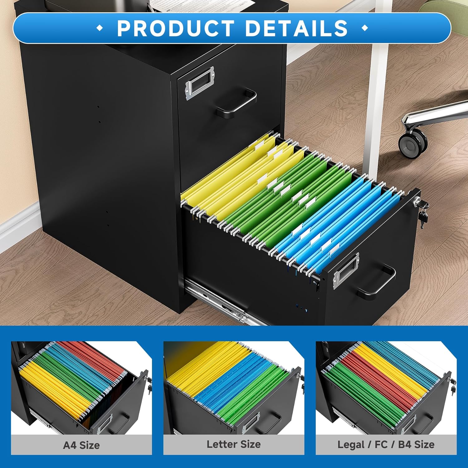 2-Drawer Locking Vertical File Cabinet - Steel Mobile Filing Cabinet for Home & Office