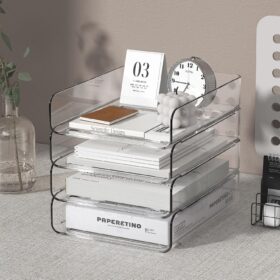 4-Tier Stackable Acrylic Desktop Organizer – Heavy-Duty Clear Letter Tray & File Sorter for Office & School