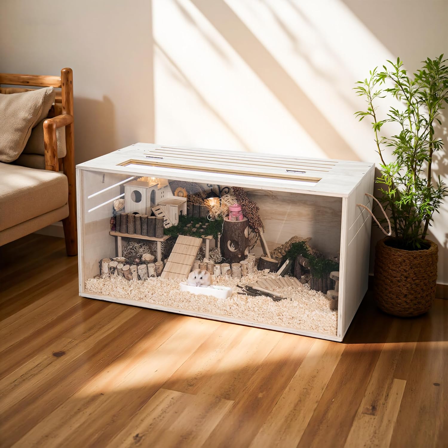 Chew-Proof Wooden Small Animal Cage with Acrylic Viewing Panels – 32” Modern Hamster, Guinea Pig & Rabbit Habitat with Open Top