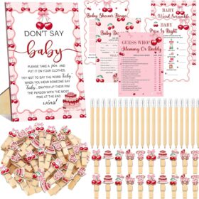 Patelai 'She's the Cherry on Top' Baby Shower Games Kit – 321-Piece Don't Say Baby Set with Wooden Sign, Cherry Clothespins, Game Cards & Pencils – Cute Gender Reveal & Party Decorations