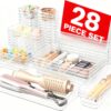 A-LuGei 28-Piece Clear Drawer Organizer Set – Modular Storage for Bathroom, Makeup, Vanity, Kitchen & Desk – 5 Sizes (Holds 177 Items)