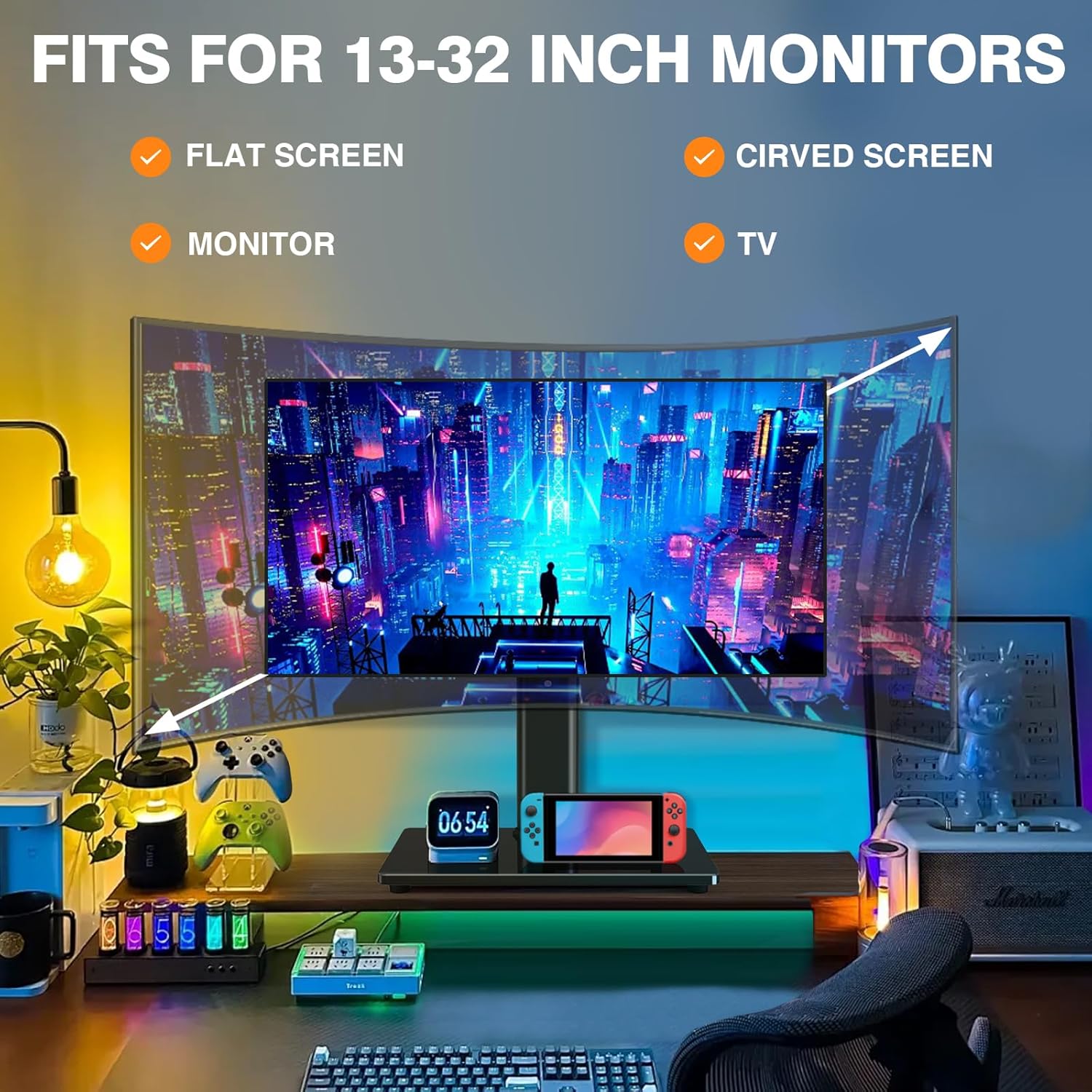 Ergonomic Single Monitor Stand Riser - VESA Mount Desk Stand for 13-32 Inch Screens, Height, Tilt & Swivel Adjustable, Universal Base up to 44lbs (75x75/100x100mm)