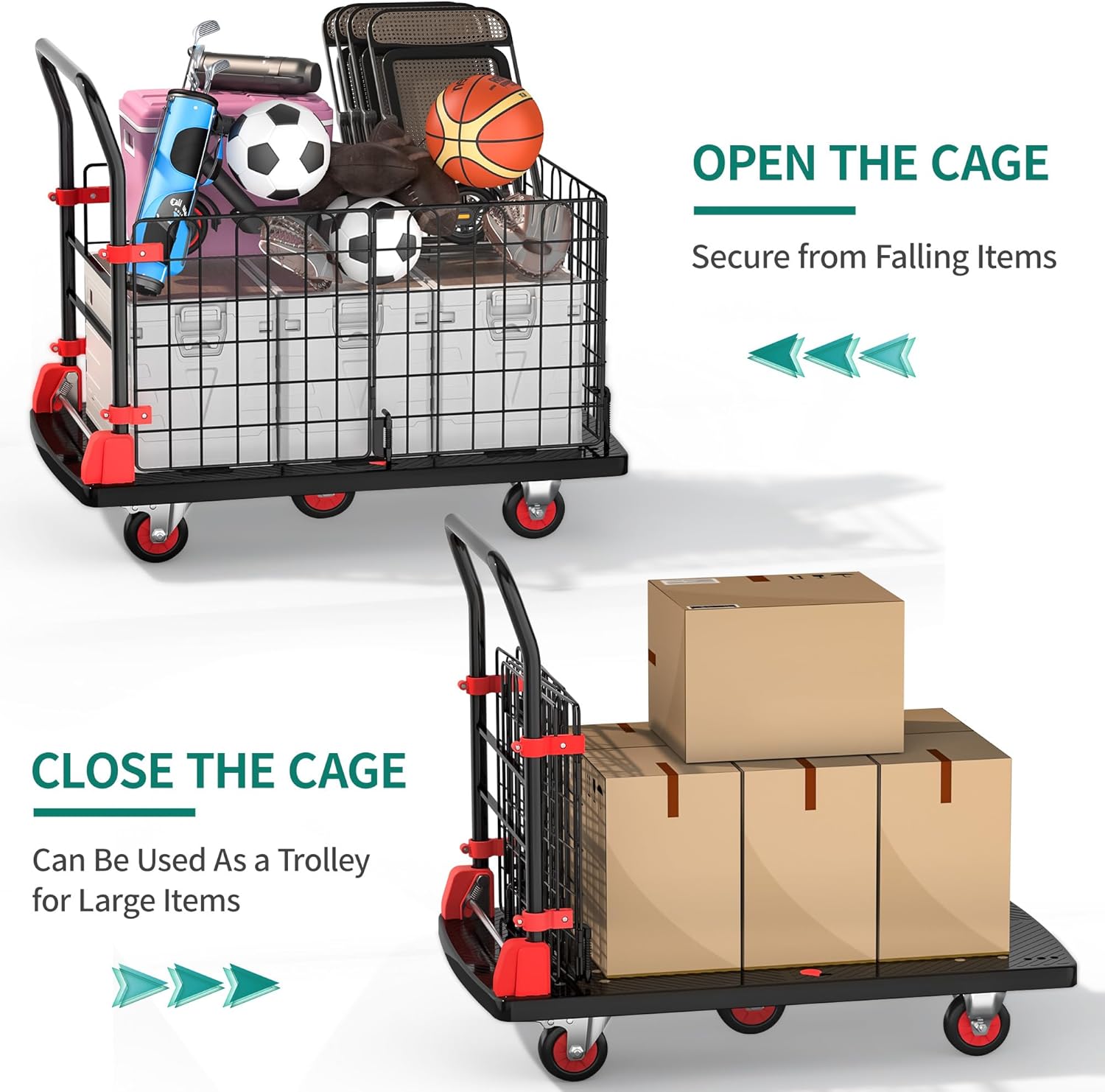 YITAHOME Heavy-Duty Folding Platform Truck – 1000 lbs Capacity Collapsible Utility Cart with Wheels, Weather-Resistant Push Dolly with Cage for Warehouse, Garage, and Office
