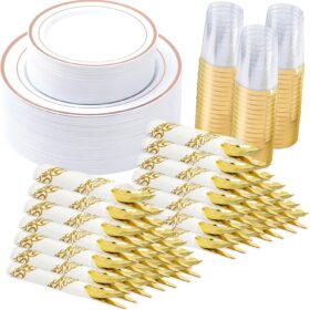 Rose Gold Disposable Dinnerware Set for 50 Guests – 350-Piece Party Pack with Dinner Plates, Salad Plates, Cups, Cutlery & Napkins – Elegant Bulk Plastic Tableware for Weddings, Holidays & Receptions