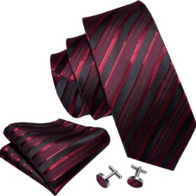 Barry.Wang Men's Luxury 3-Piece Tie Set - Silk Stripe & Checkered Necktie with Matching Handkerchief and Cufflinks - Formal Wedding & Business Accessories
