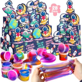 28 Pack Galaxy Slime Valentines Day Cards for Kids - Astronaut Stress Relief Fidget Toys with Gift Boxes for Classroom Exchange & Party Favors